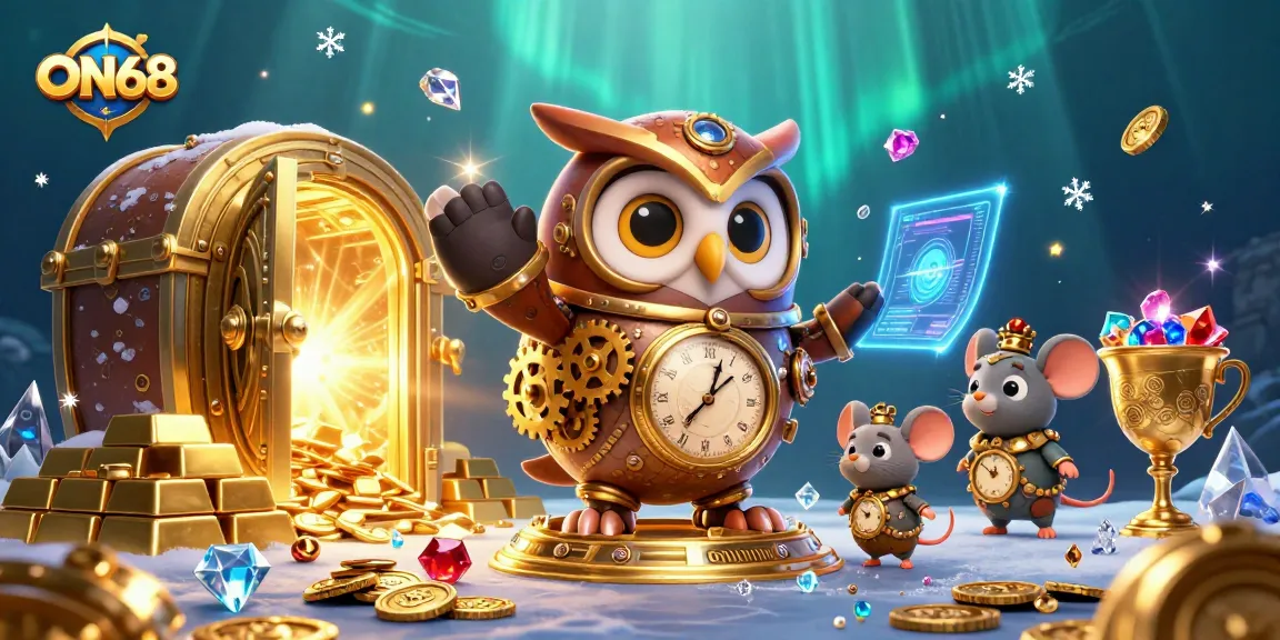 Engage with ON68's vibrant 3D casino world, showcasing a time-traveler owl amid treasures and holographic elements.
