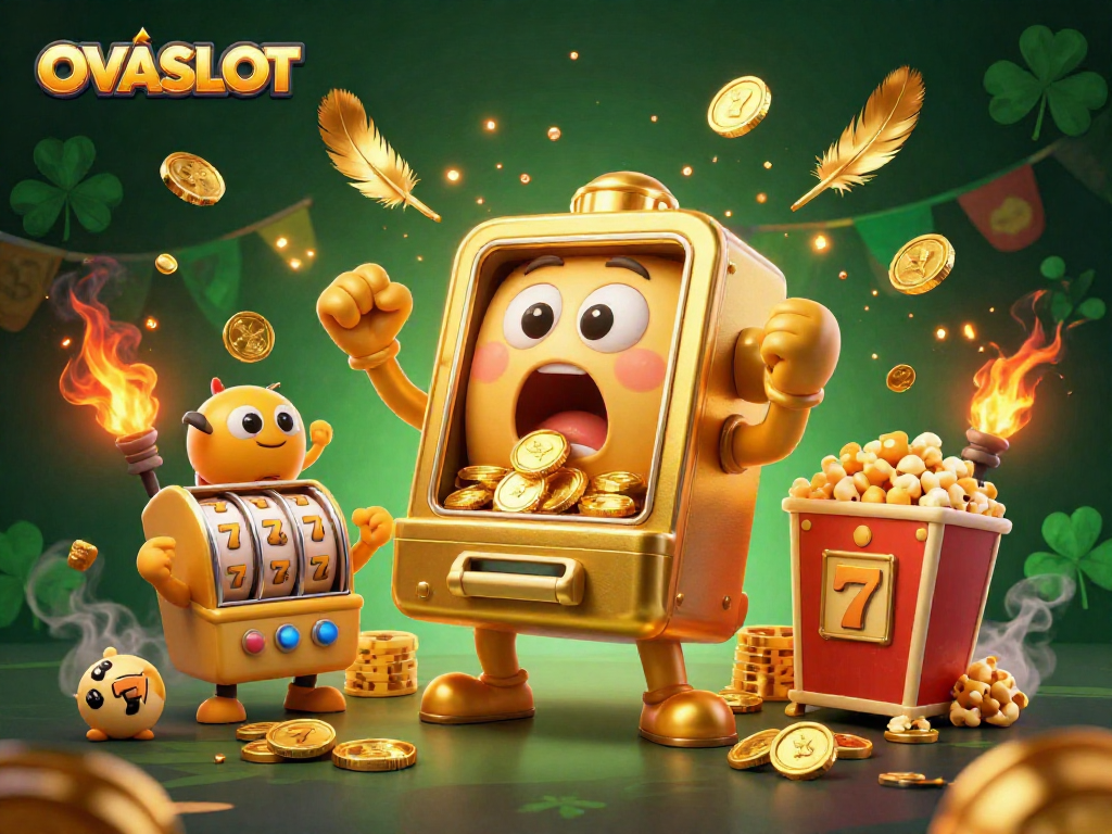 Experience the excitement of OVASLOT with a lively scene featuring vibrant slot machines and casino atmosphere.
