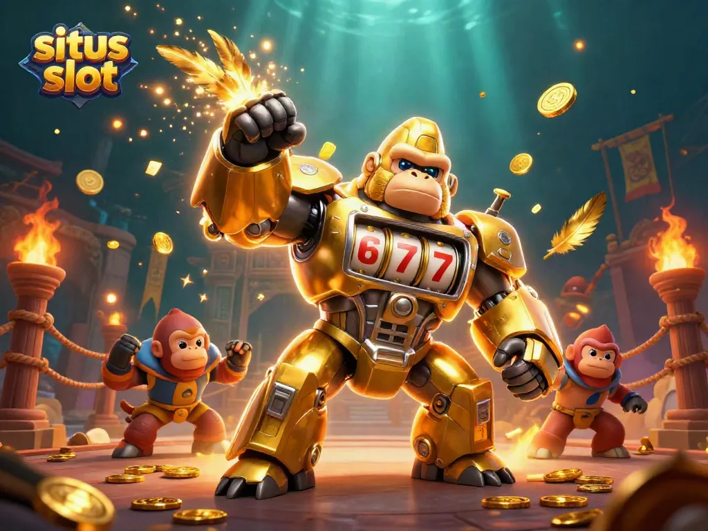 Menangkan permainan di situs slot dengan ilustrasi 3D gorila emas dan simbol jackpot