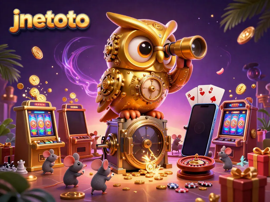 Permainan jnetoto menyajikan suasana kasino dengan karakter burung hantu emas dan mainan tikus di antara mesin slot.
