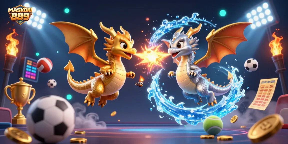 Engage with MASKOKI889 in this vibrant 3D dragon-themed casino illustration showcasing dynamic betting elements.
