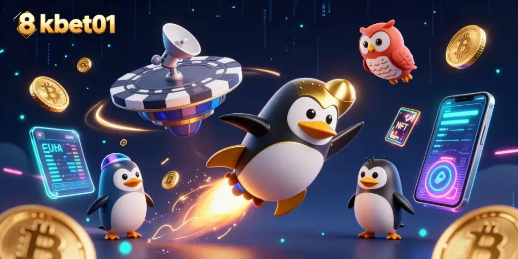 Experience thrilling gameplay with 8xbet01; a cartoon penguin heads to a vibrant casino in space.