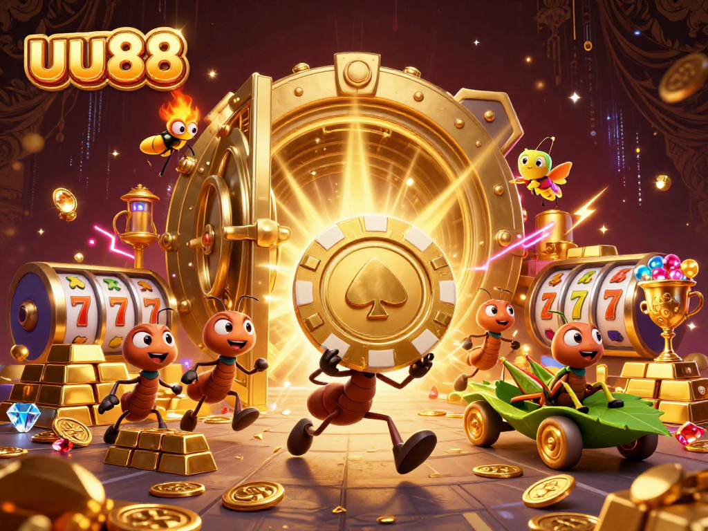 uu88 casino heist with ants, golden chips, and vibrant treasure elements