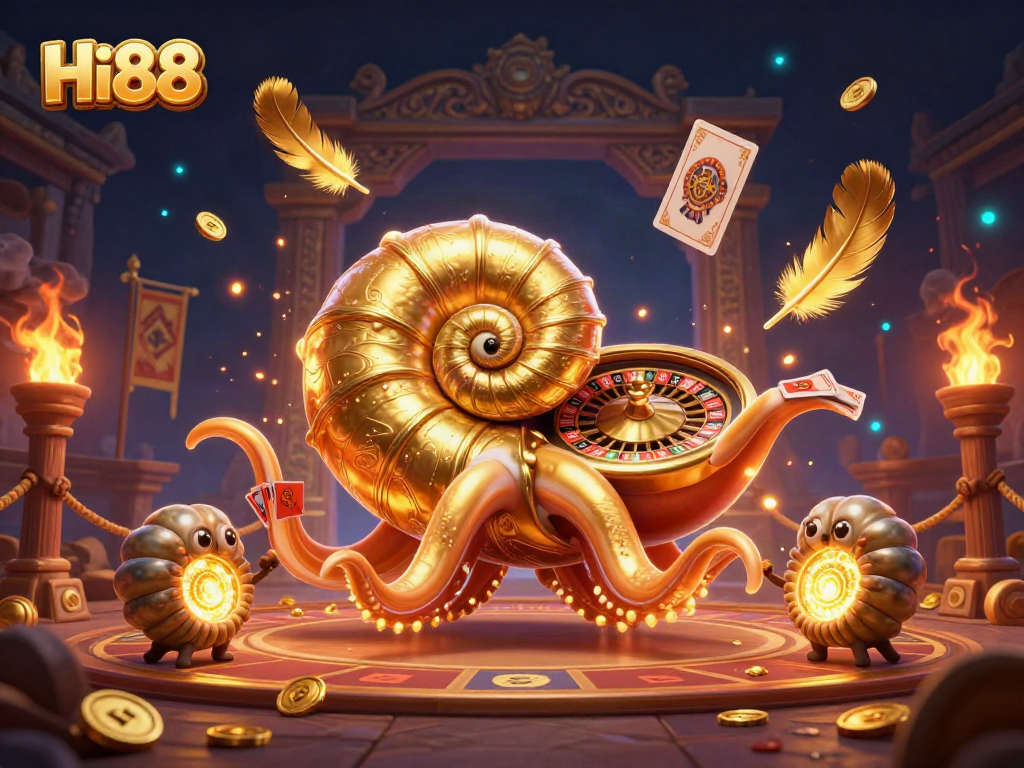 Engage with Hi88's exciting gaming, featuring a giant nautilus roulette wheel and vibrant betting elements.