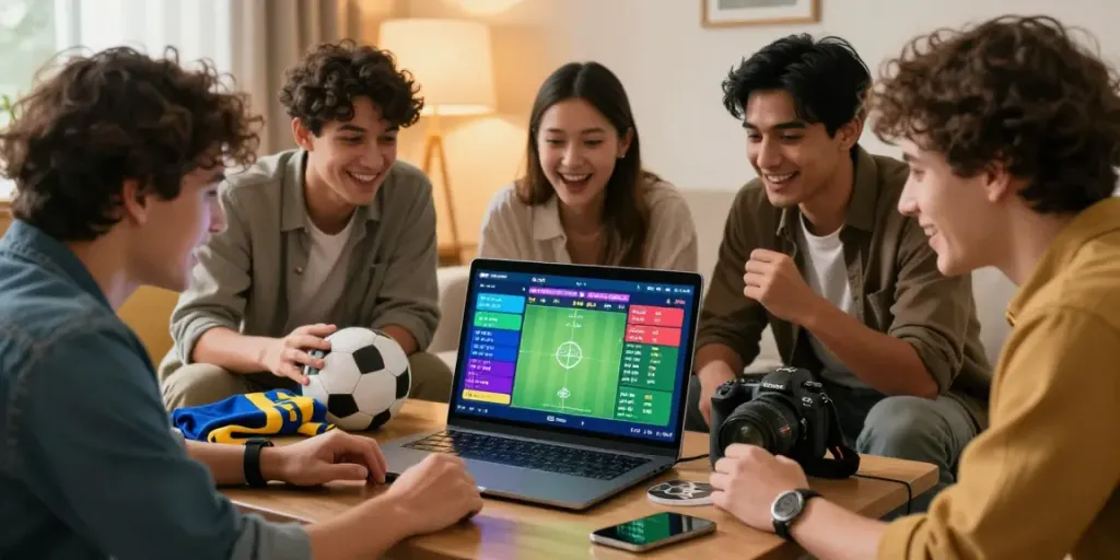 Group of friends engaging in lotus365 sports betting with excitement in cozy living room