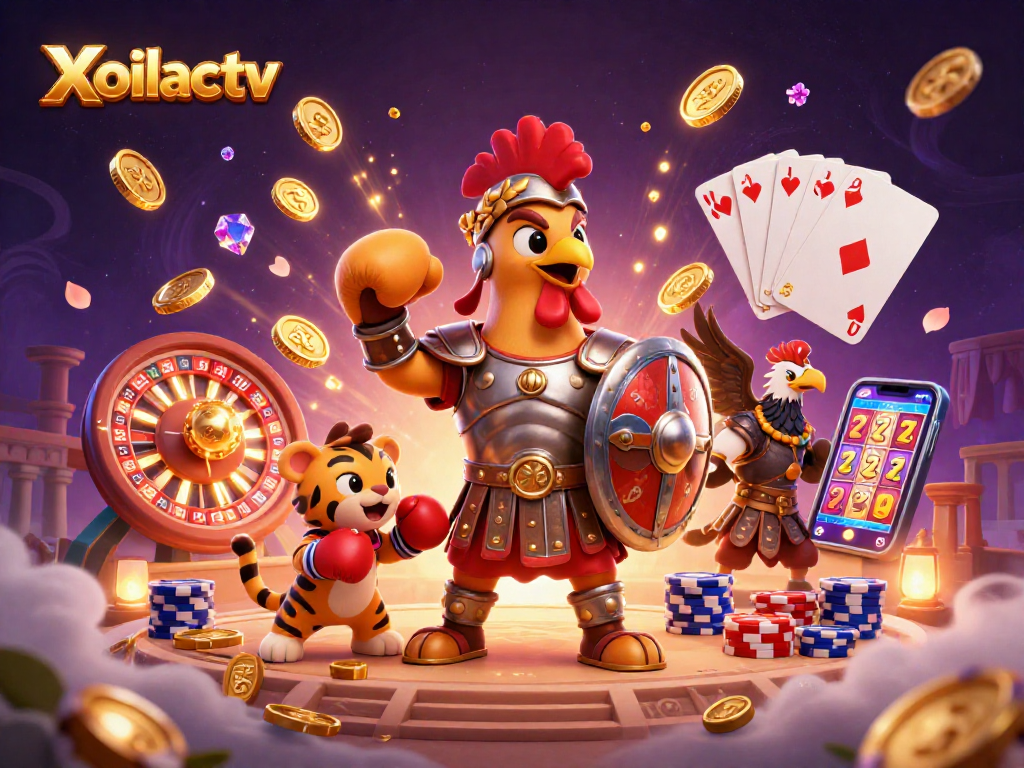 Xoilactv showcases an ultra-detailed scene with a gladiator rooster, tiger cub, and eagle representing thrilling casino adventures.