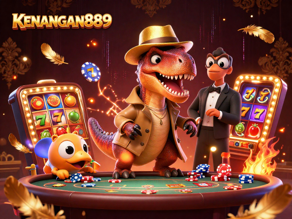Interacting characters at KENANGAN889 blackjack table, showcasing vibrant 3D casino illustration.