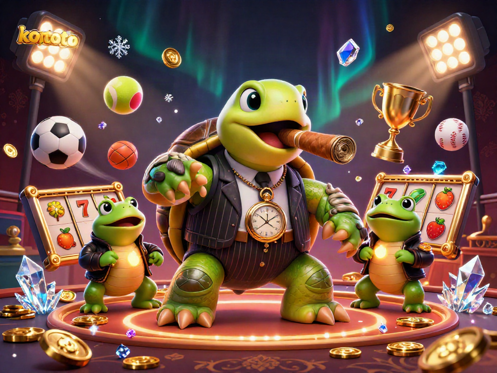 Koitoto brings excitement with a snapping turtle in a pinstripe suit and two bullfrog enforcers, surrounded by dazzling slot game elements.
