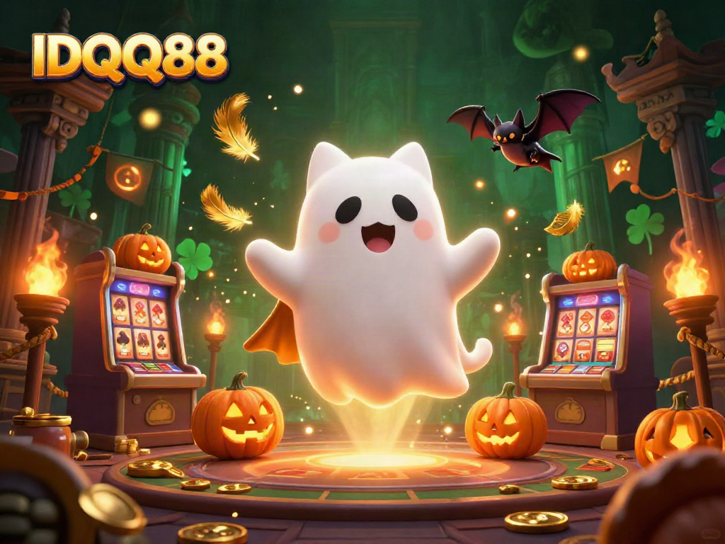 Engage with IDQQ88's thrilling haunted casino scene featuring colorful characters and dynamic gaming elements.