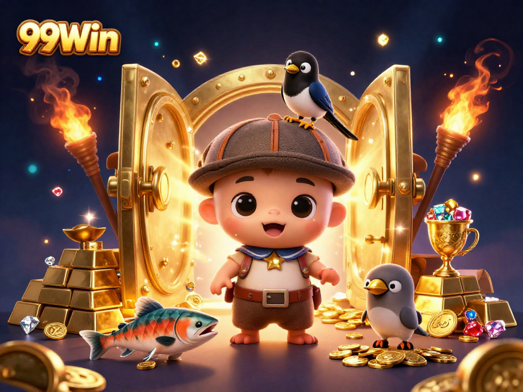 A vibrant 99Win illustration featuring a playful cartoon Nessie, gold treasures, and dynamic gaming elements.