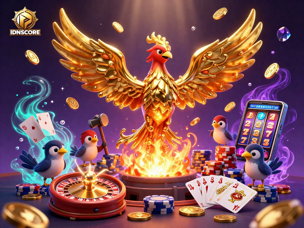 Experience immersive gameplay at IDNSCORE featuring golden phoenixes and jackpot symbols amidst cascading coins.