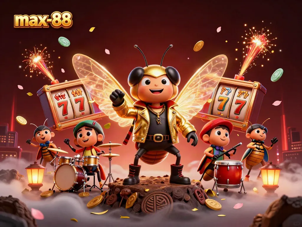 Experience the exciting world of gambling with max-88, featuring vibrant 3D icons of slot reels and a rock star cicada ensemble.