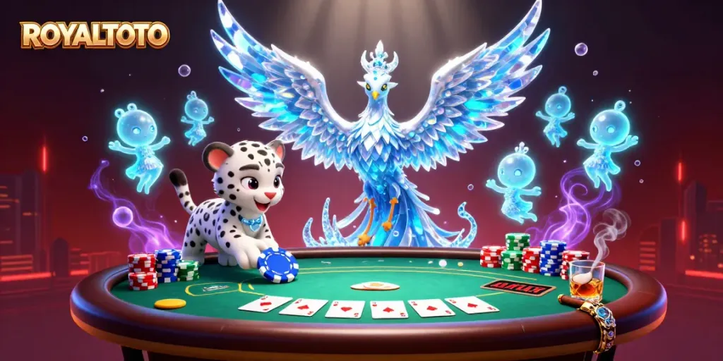 Experience thrilling gameplay with ROYALTOTO's vibrant 3D casino illustration packed with dynamic poker elements.