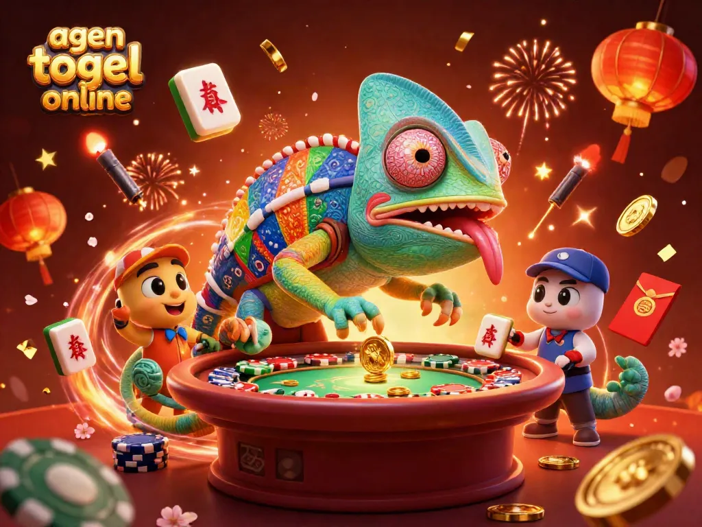 Engage with the excitement of agen togel online as a chameleon casino owner promotes jackpots through vivid 3D illustration.