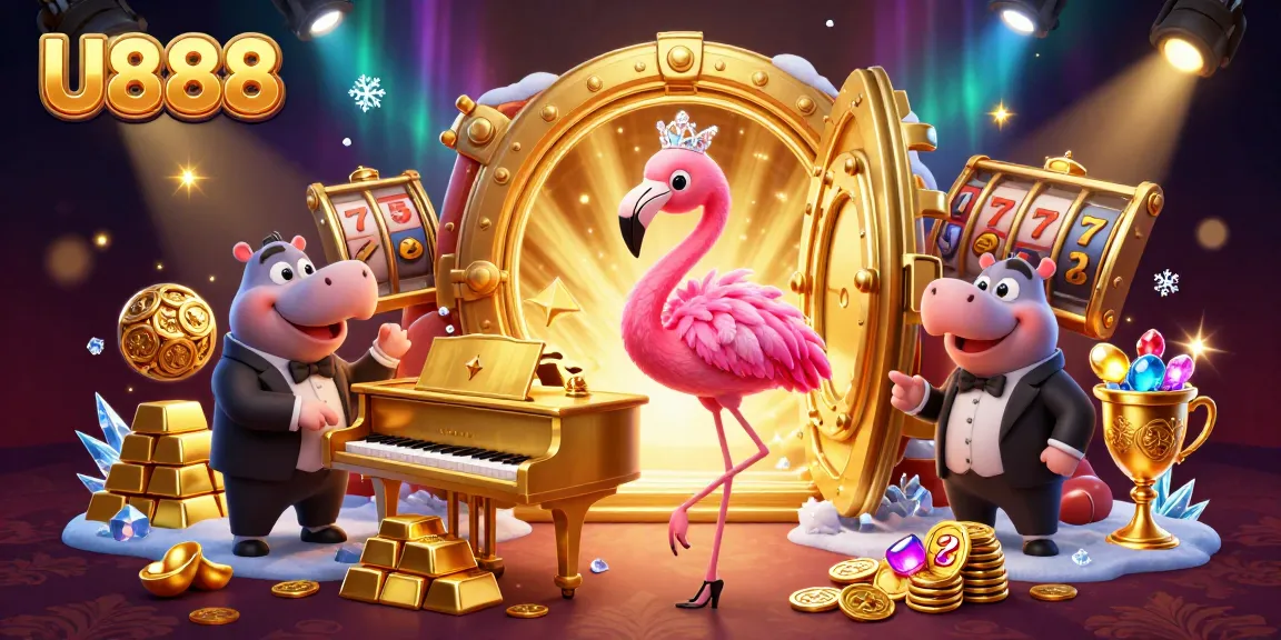 Experience thrilling slots action with U888 as a flamingo performer dazzles at the casino.