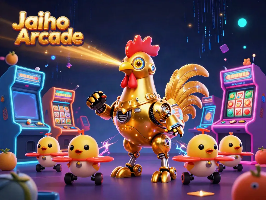 Experience the excitement of Jaiho Arcade with dynamic visuals showcasing arcade games and vibrant characters.