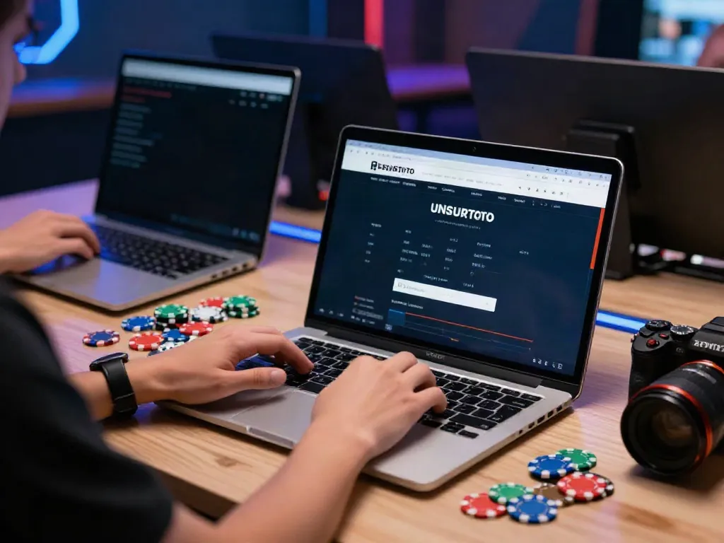 Engaged user at a modern desk exploring UNSURTOTO online gaming interface with vibrant gaming chips.