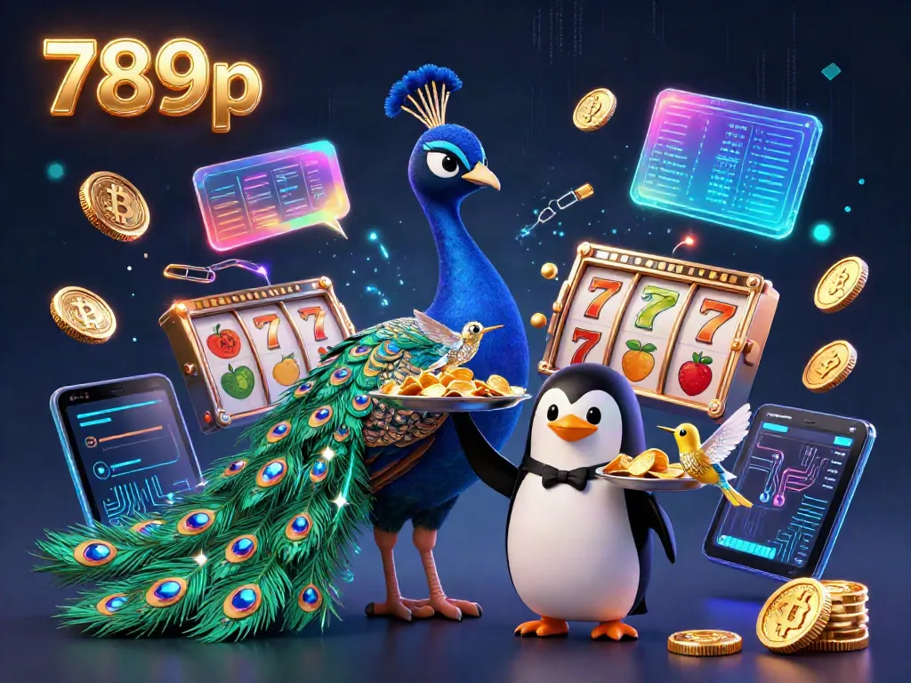 Engage with the exciting world of 789p through this vibrant 3D illustration featuring a peacock and gold chips.
