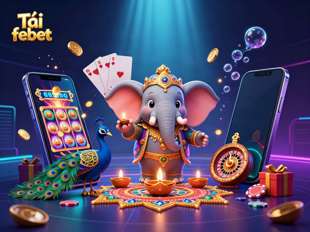 Engage in casino adventure with Tải febet featuring a festive elephant, peacock, and spinning slots.