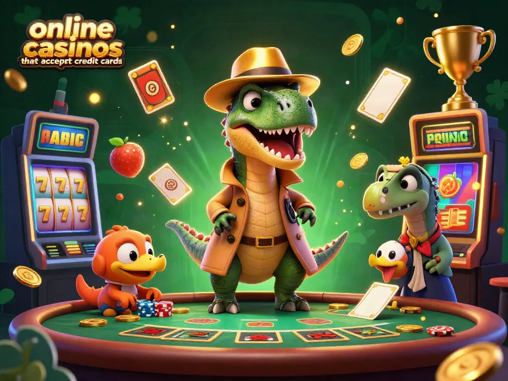 Experience the excitement of online casinos that accept credit cards with cartoon dinosaurs at a blackjack table.