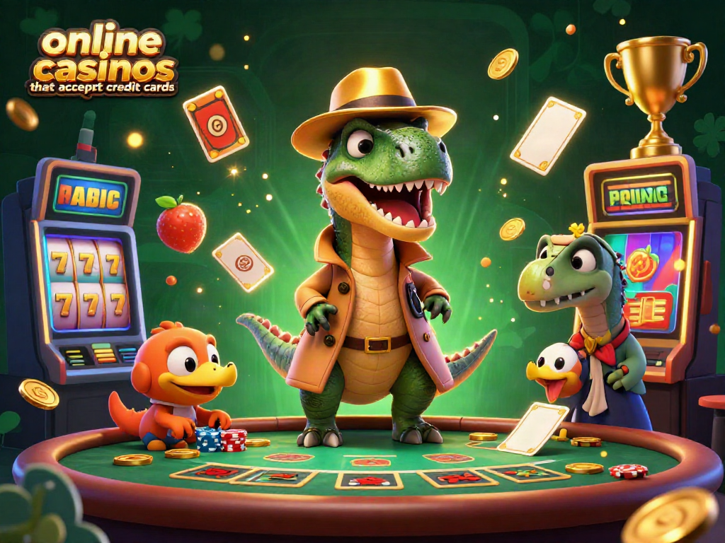Experience the excitement of online casinos that accept credit cards with cartoon dinosaurs at a blackjack table.