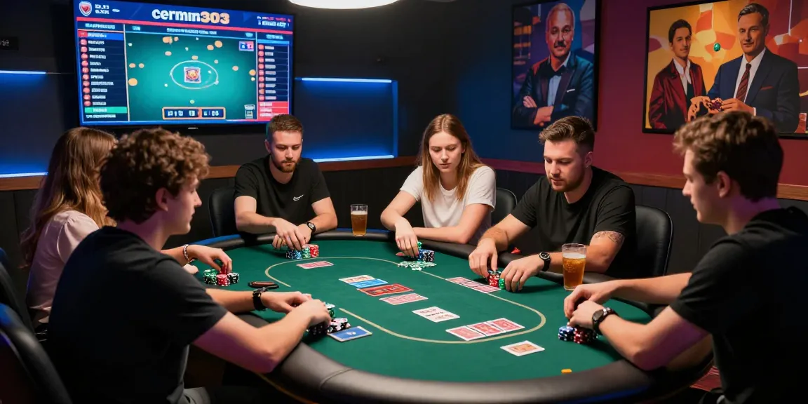 Group enjoying cermin303 online poker at a modern gaming table with vibrant atmosphere.