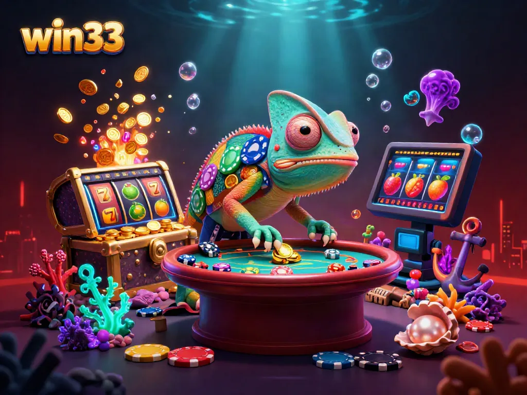 Experience the excitement of win33 with vibrant slot games and a lively chameleon casino owner.