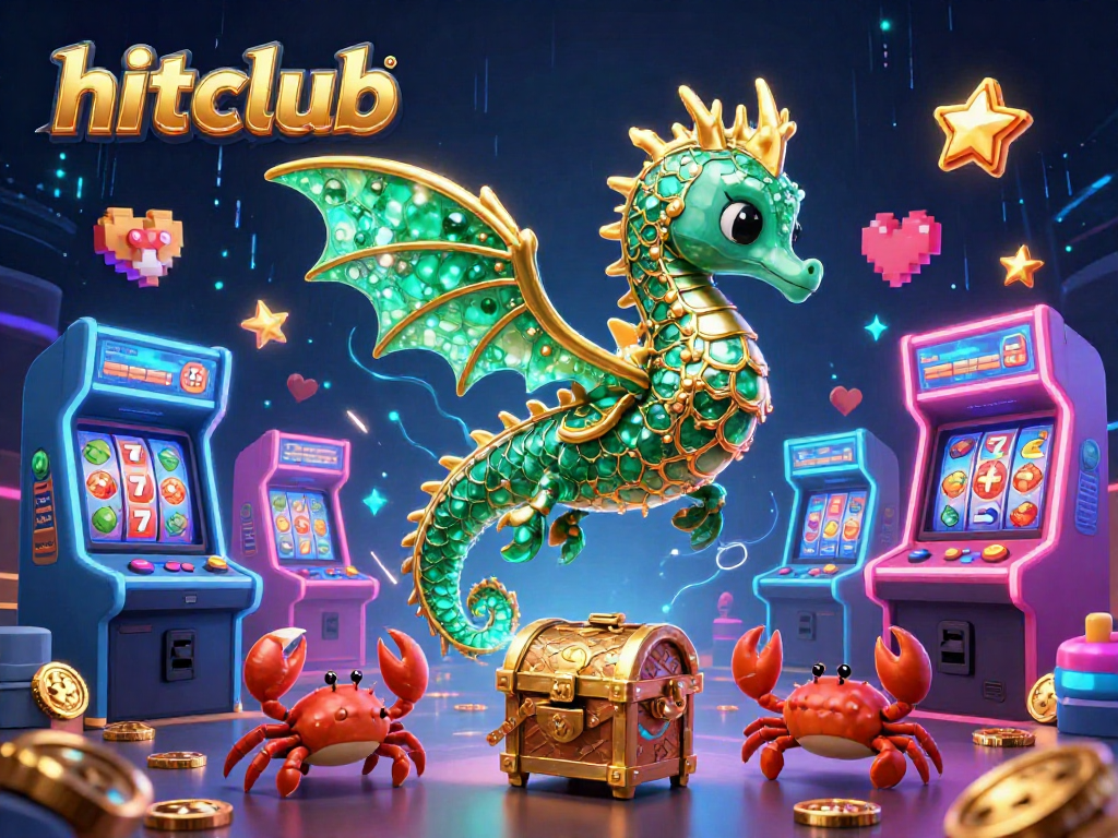 Engage with hitclub's vibrant treasure scene filled with animated sea dragon, casino slots, and gameplay elements