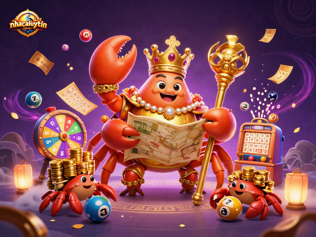 Experience exciting gameplay with nhacaiuytin's vibrant 3D casino illustration showcasing a golden crab emperor and colorful gaming elements.