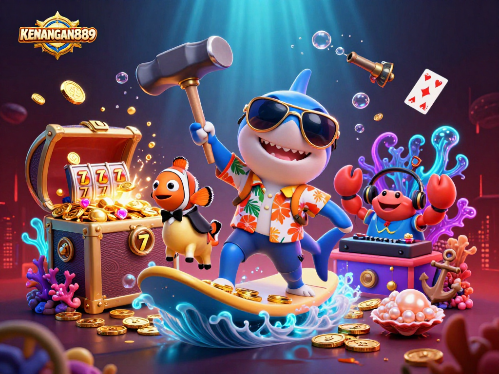 Experience the thrill of KENANGAN889 as a shark surfs gold coins amidst vibrant casino elements.