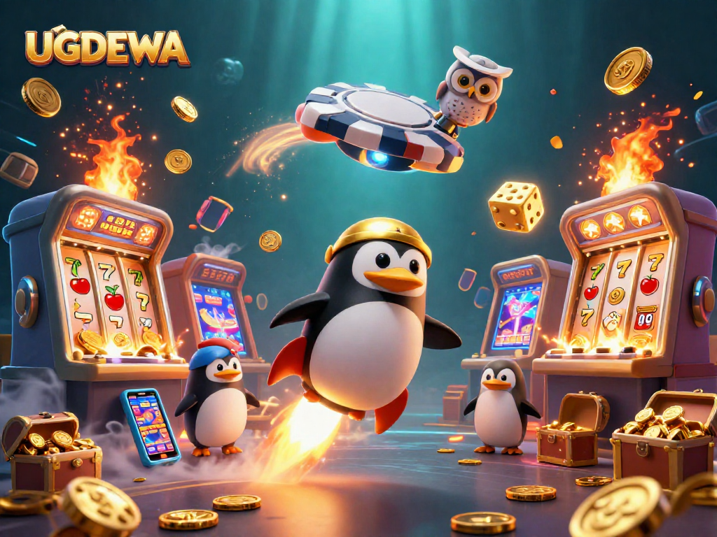 Experience the thrill of UGDEWA with an explosive casino-themed illustration featuring a golden penguin and vibrant game elements.