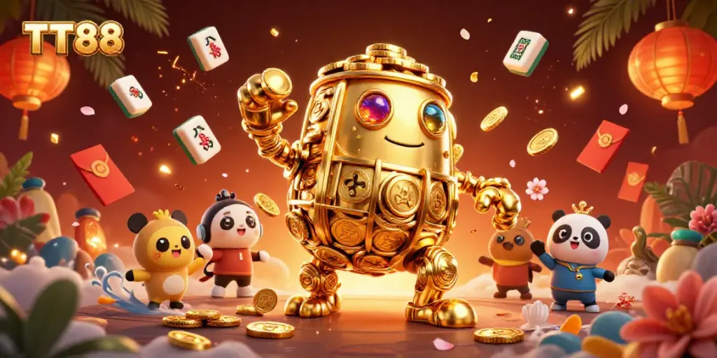 Experience the energy of TT88 with a golden golem surrounded by casino elements.
