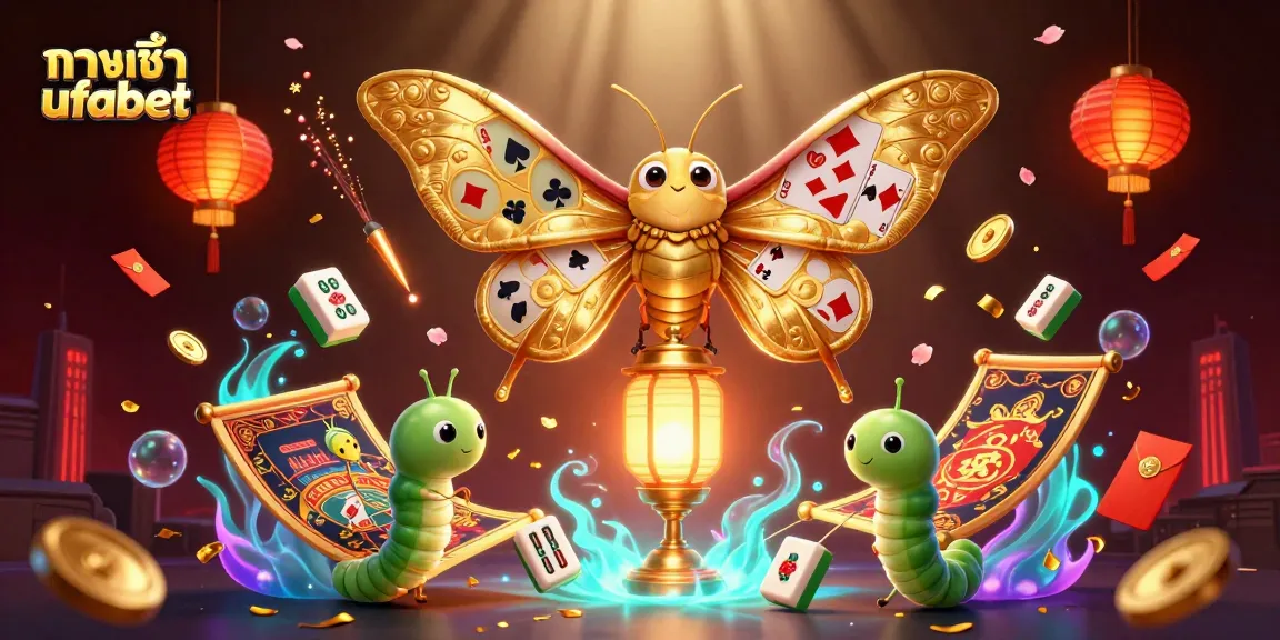 Experience ทางเข้า ufabet with a captivating illustration of an atlas moth amidst casino scenes