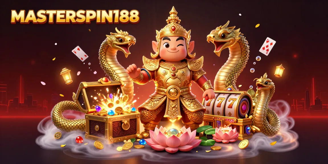 Engage with MASTERSPIN188's vibrant slot game experience illustrated with a mythical guardian and treasures.