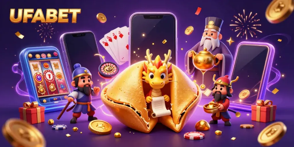 Play exciting slots and win at UFABET with a dynamic scene of a golden fortune cookie and engaging characters.