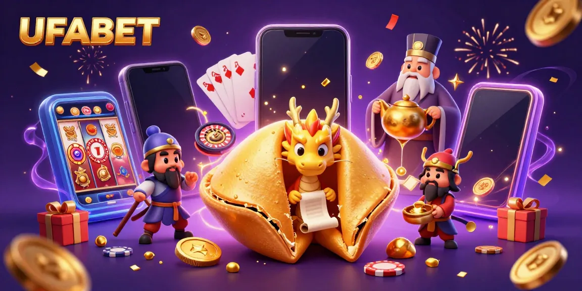 Play exciting slots and win at UFABET with a dynamic scene of a golden fortune cookie and engaging characters.