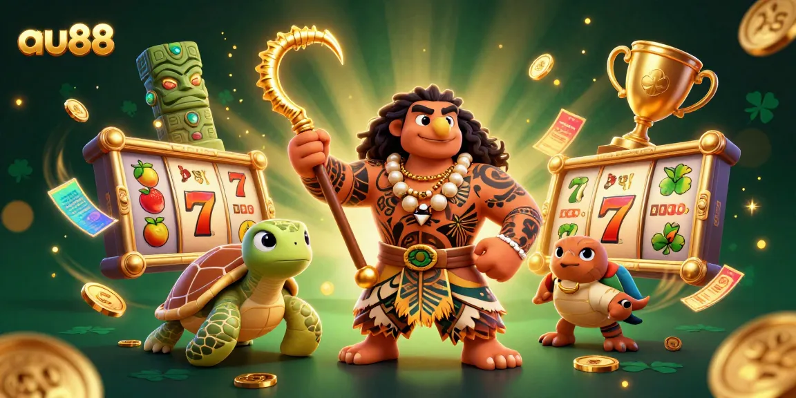 Experience gaming excitement at au88 with a vibrant scene featuring a Polynesian demigod among slot reels and golden elements.
