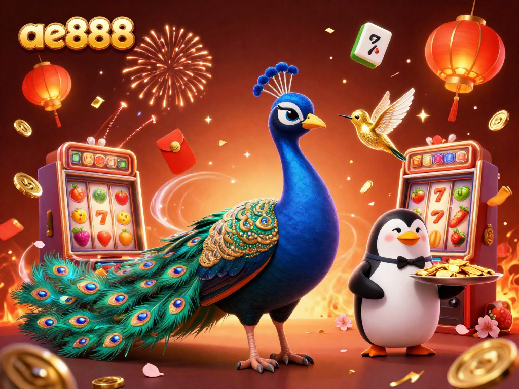 Experience thrilling play with ae888 as vibrant slot machines and a peacock bring excitement.
