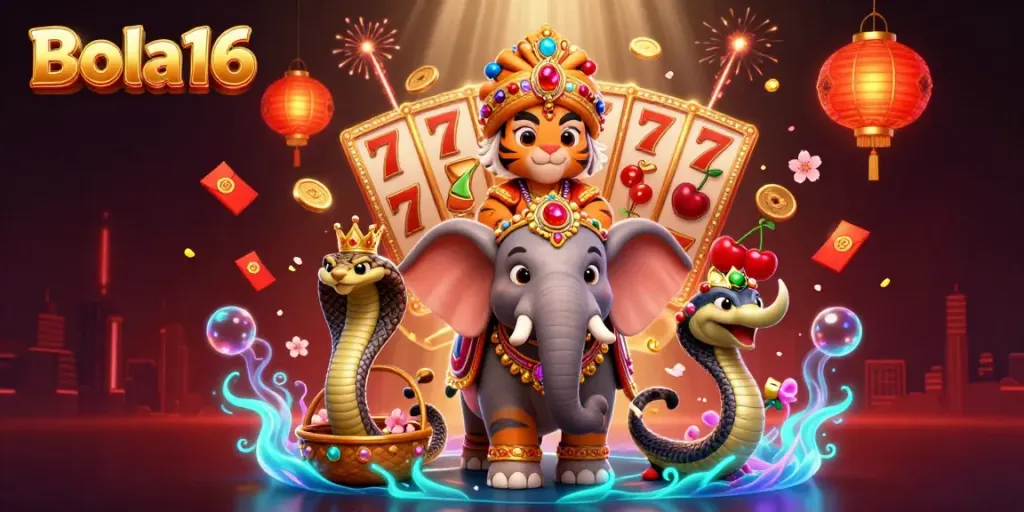 Bola16 presents a vibrant 3D casino illustration showcasing a fierce tiger royal figure amidst exciting slot game elements.