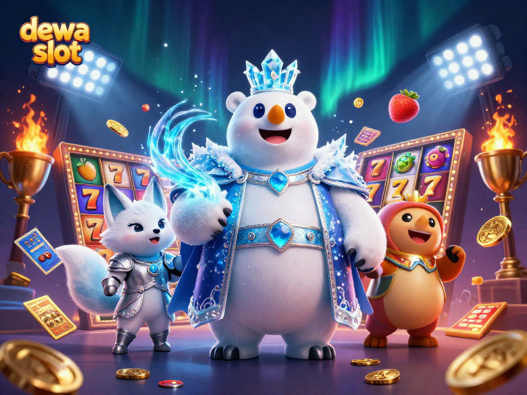 Engage with the thrilling action of dewa slot in this vibrant 3D illustration featuring animated characters and slot game elements.