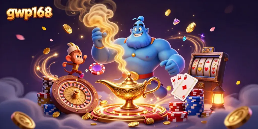 Menangkan jackpot di gwp168 dengan ilustrasi kasino yang penuh warna dan detail berkilau.
