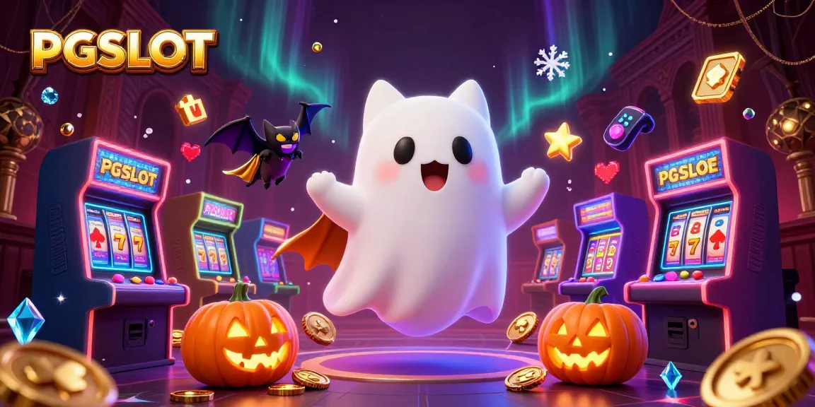 Win big with PGSLOT at a haunted casino featuring a ghost cat, vampire bat, and glowing game elements.