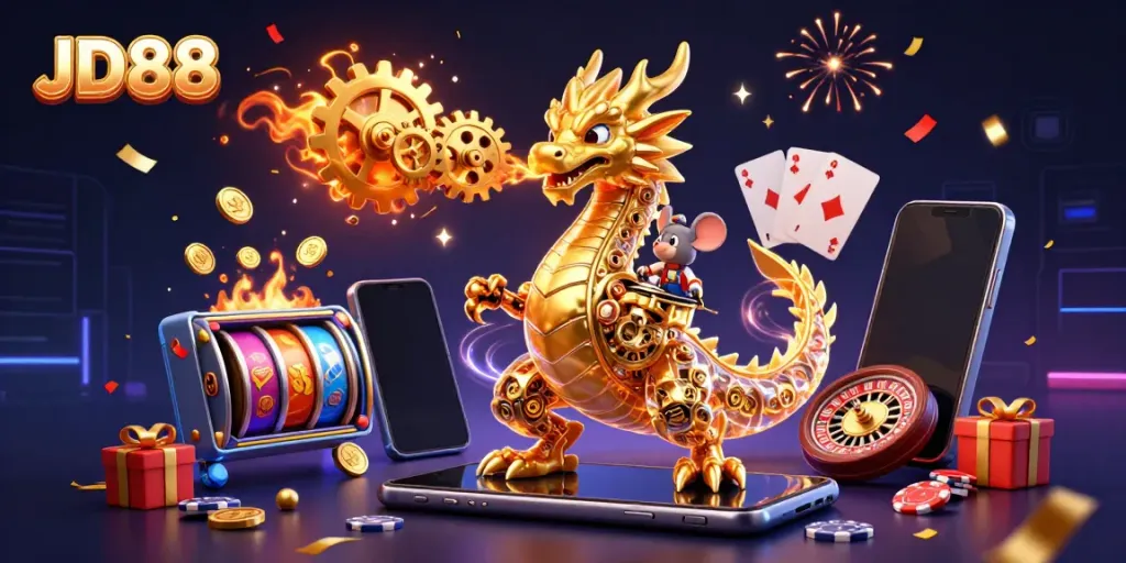 Experience JD88 with a dynamic illustration of a mechanical dragon and casino games.
