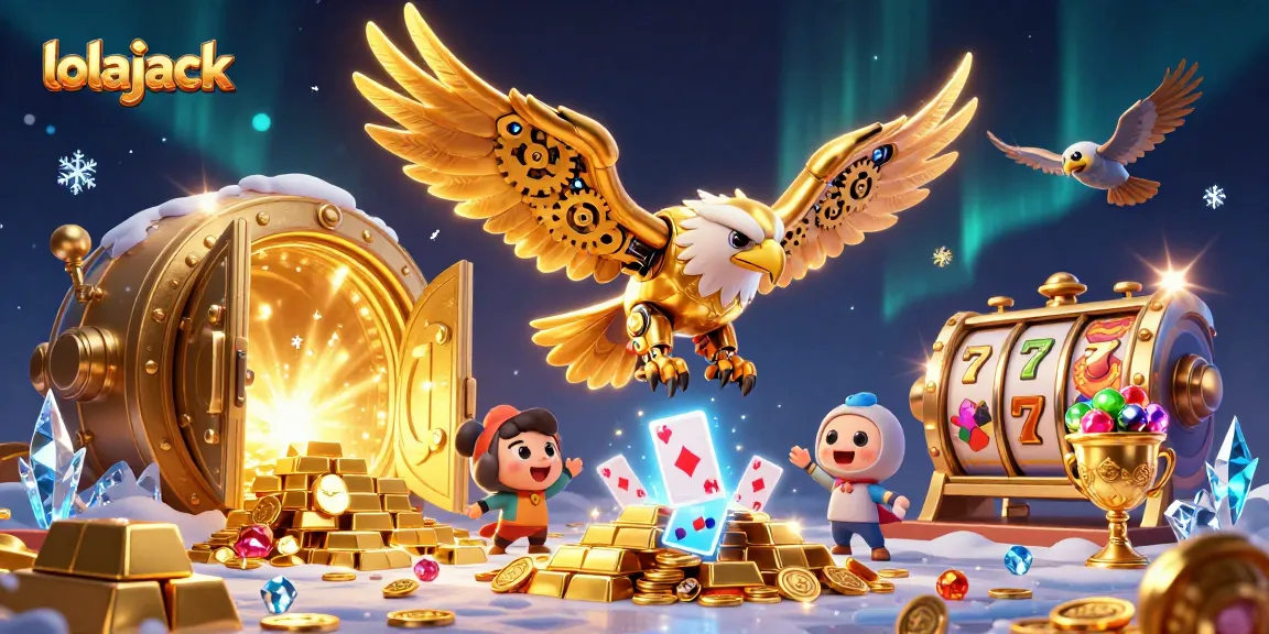 Immerse in the thrilling action of lolajack with a golden eagle amidst slot reels and treasures.