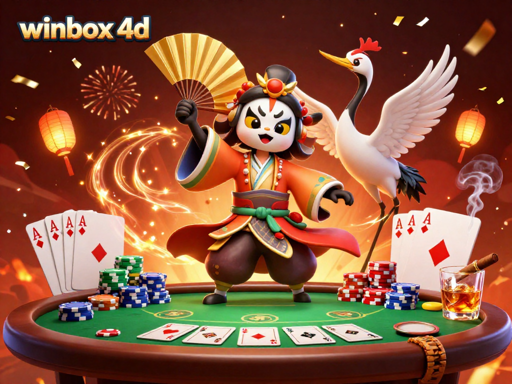 Experience thrilling action with winbox 4d in an illustrated poker scene featuring kabuki characters.