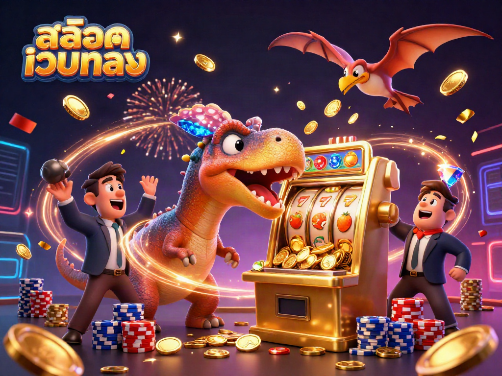 Experience the thrill of สล็อตเว็บตรง with a cartoon dinosaur scene headbutting a slot machine for a jackpot.