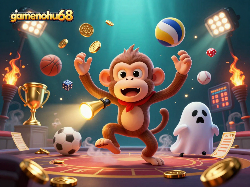 Experience the excitement of gamenohu68 with the mischievous poltergeist monkey in a dynamic casino scene.