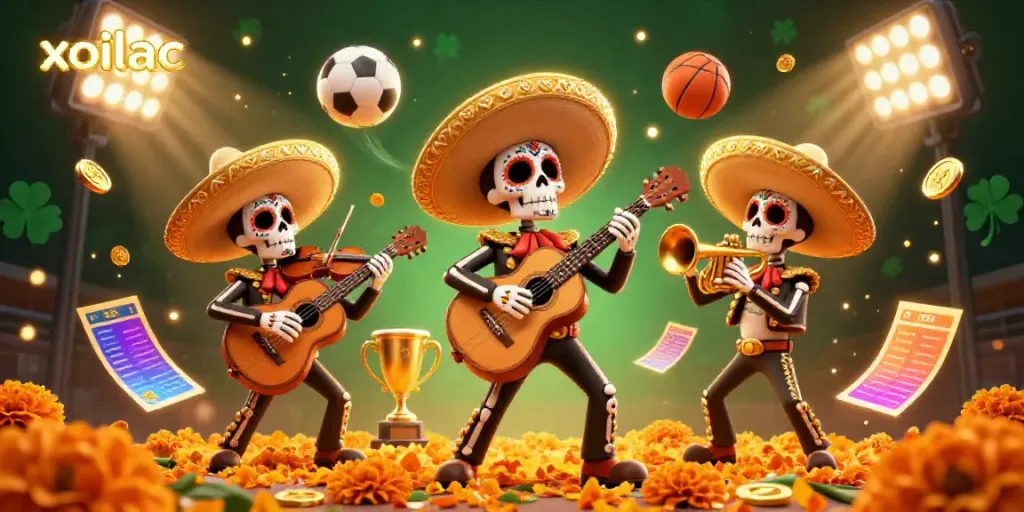 Xoilac captures the vibrant energy of sports betting with a Dia de los Muertos mariachi band and dynamic sports elements.