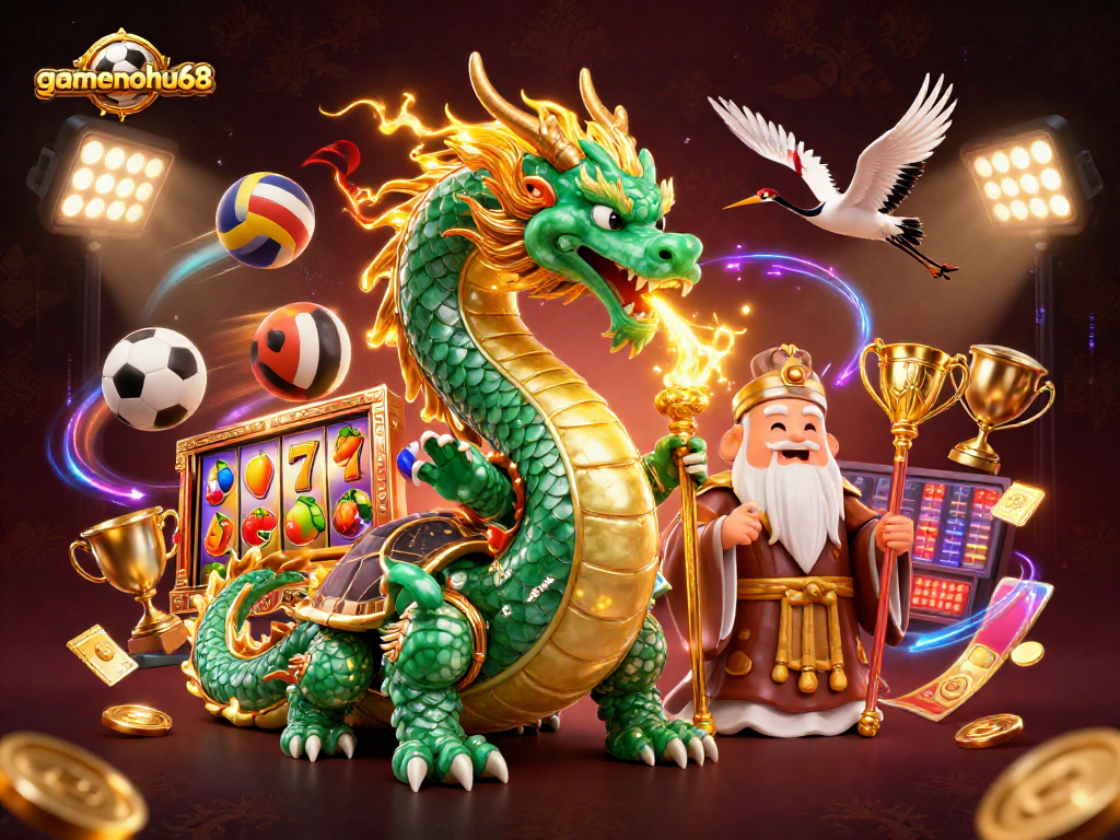 Experience thrilling gameplay at gamenohu68 with vibrant slot reels, dragon, sage, and lucky cranes.