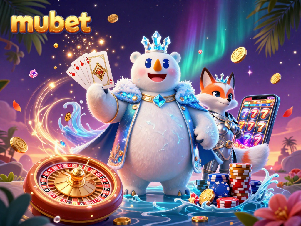 Spin to win with mubet - 3D cartoon polar bear and snow fox amidst dynamic casino elements.
